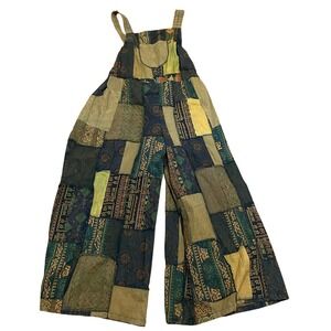 KIRAT Green Tan Patchwork Wide Leg Overalls Boho Festival Hippie One Size Cotton